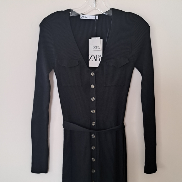 Zara Black Maille Belted Midi Dress - Picture 4 of 8